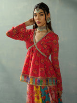 Women's Red Multi Color Peplum Top With Anarkali Skirt