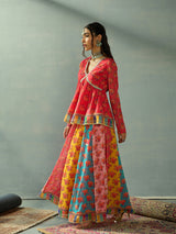 Women's Red Multi Color Peplum Top With Anarkali Skirt
