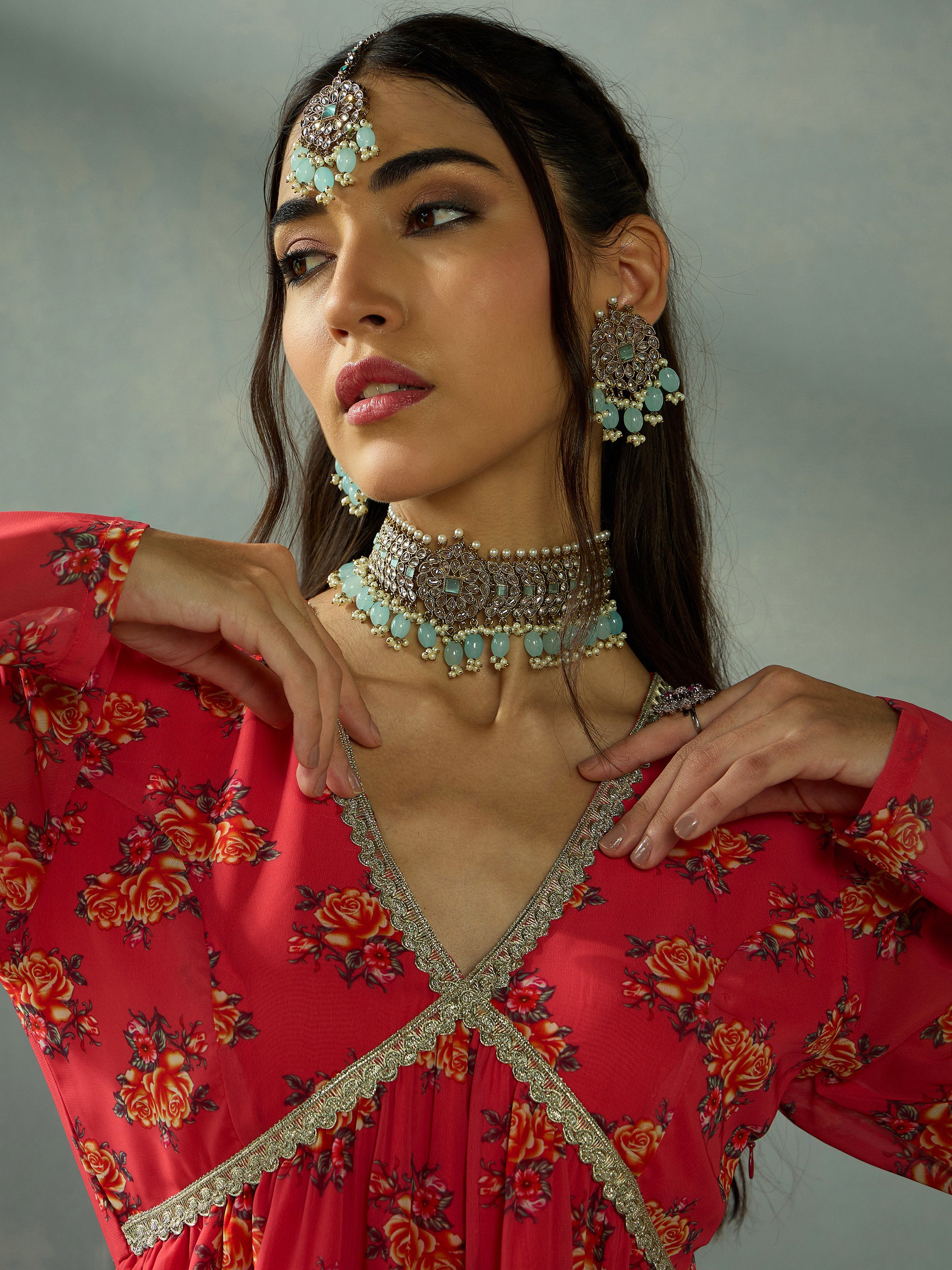 Women's Red Multi Color Peplum Top With Anarkali Skirt