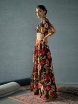 Women's Black Festive Crop Top With Anarkali Skirt