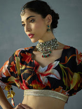 Women's Black Festive Crop Top With Anarkali Skirt