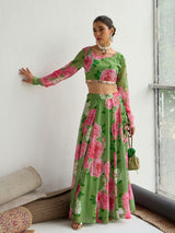 Women's Green Floral Crop Top With Anarkali Skirt