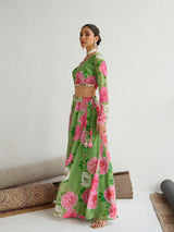 Women's Green Floral Crop Top With Anarkali Skirt
