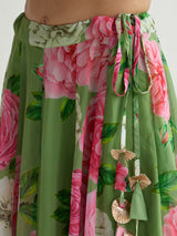 Women's Green Floral Crop Top With Anarkali Skirt