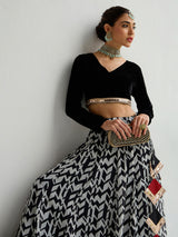 Women's Black Festive Crop Top With Anarkali Skirt