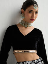 Women's Black Festive Crop Top With Anarkali Skirt