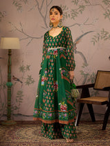 Women's Green Floral Sweetheart Neck Anarkali Kurta With Pant