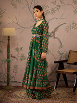 Women's Green Floral Sweetheart Neck Anarkali Kurta With Pant