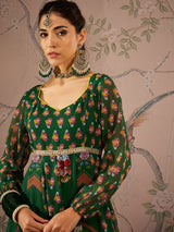 Women's Green Floral Sweetheart Neck Anarkali Kurta With Pant