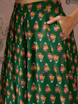 Women's Green Floral Sweetheart Neck Anarkali Kurta With Pant