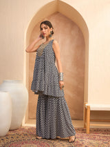 Women's Black Festive Fit & Flared Sleeveless Kurta Sets