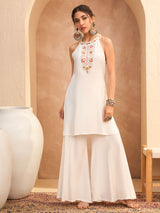 Women's White Festive Regular Fit Sleeveless Kurta Sets