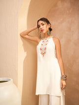 Women's White Festive Regular Fit Sleeveless Kurta Sets