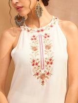 Women's White Festive Regular Fit Sleeveless Kurta Sets