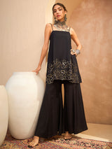 Women's Black Festive Fit & Flared Sleeveless Kurta Sets