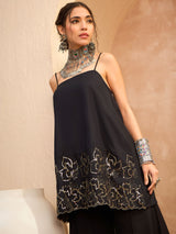 Women's Black Festive Fit & Flared Sleeveless Kurta Sets
