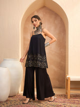 Women's Black Festive Fit & Flared Sleeveless Kurta Sets