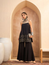 Women's Black Festive Fit & Flared Sleeveless Kurta Sets