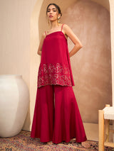 Women's Maroon Festive Strappy Kurta With Palazzo