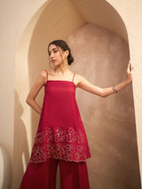 Women's Maroon Festive Strappy Kurta With Palazzo