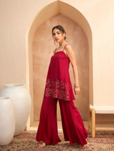 Women's Maroon Festive Strappy Kurta With Palazzo