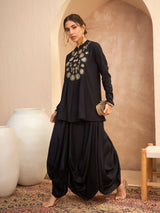 Women's Black Festive Peplum Top With Dhoti Skirt