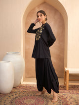Women's Black Festive Peplum Top With Dhoti Skirt
