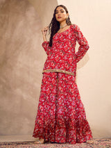 Women's Red Floral Short Kurta With Tiered Sharara