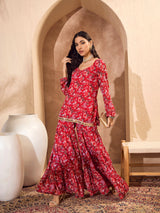Women's Red Floral Short Kurta With Tiered Sharara
