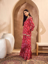 Women's Red Floral Short Kurta With Tiered Sharara