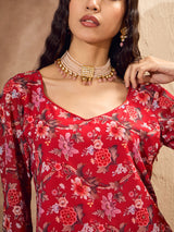 Women's Red Floral Short Kurta With Tiered Sharara
