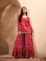 Women's Red Floral Short Kurta With Tiered Sharara