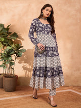 Women's Navy & White Cambric Tiered Kurta With Pencil Pant