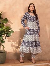 Women's Navy & White Cambric Tiered Kurta With Pencil Pant