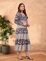 Women's Navy & White Cambric Tiered Kurta With Pencil Pant