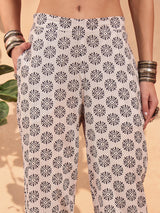 Women's Navy & White Cambric Tiered Kurta With Pencil Pant