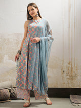 Women's Gray Casual Regular Fit Sleeveless Kurta Sets