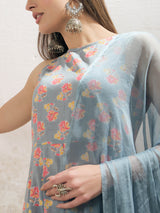 Women's Gray Casual Regular Fit Sleeveless Kurta Sets