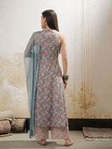 Women's Gray Casual Regular Fit Sleeveless Kurta Sets