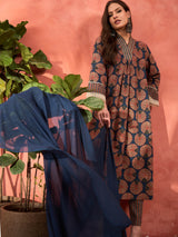 Women's Navy Casual Regular Fit Three Quarter Sleeves Kurta Sets