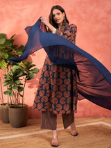 Women's Navy Casual Regular Fit Three Quarter Sleeves Kurta Sets