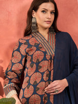 Women's Navy Casual Regular Fit Three Quarter Sleeves Kurta Sets