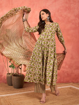 Women's Off White & Green Floral Anarkali Kurta With Pencil Pant & Dupatta