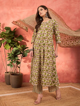 Women's Off White & Green Floral Anarkali Kurta With Pencil Pant & Dupatta