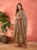 Women's Off White & Green Floral Anarkali Kurta With Pencil Pant & Dupatta