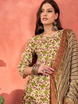 Women's Off White & Green Floral Anarkali Kurta With Pencil Pant & Dupatta