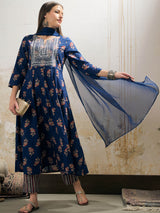 Women's Navy Floral Anarkali Kurta With Pant & Dupatta