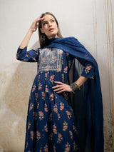 Women's Navy Floral Anarkali Kurta With Pant & Dupatta