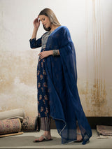 Women's Navy Floral Anarkali Kurta With Pant & Dupatta
