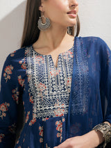 Women's Navy Floral Anarkali Kurta With Pant & Dupatta